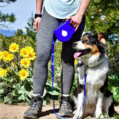 A person standing next to a dog with a retractable blue pet leash attached to the dog's collar. The leash is fully extended, and it appears to be a bright sunny day with yellow flowers in the background.