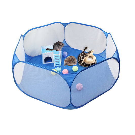 Blue pet playpen with small animals and toys on a white background