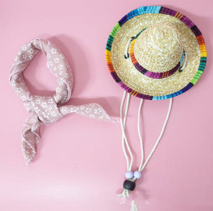Colorful Straw Hat and Scarf Pet Accessories Summer Outing Set for Dogs and Cats