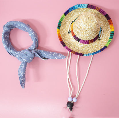Colorful Straw Hat and Scarf Pet Accessories Summer Outing Set for Dogs and Cats