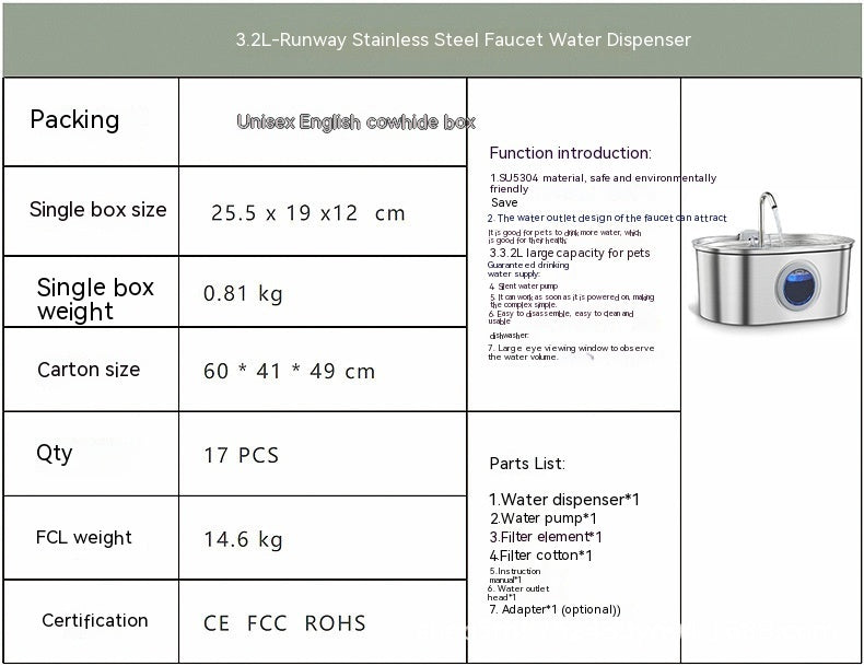 Water Feeder Stainless Steel Pet Water Dispenser