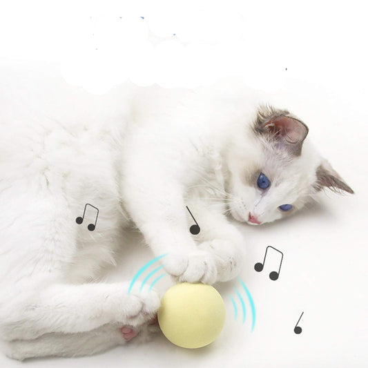 A white kitten interacting with a sound-making toy ball, which is pink in color, with graphical indicators showing sound emission.
