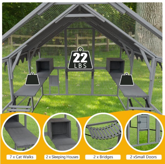 Outdoor Cat House Cat Enclosures 110 Large Kitten Playpen With Platforms,Upgrade Waterproof Cover-grey