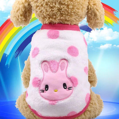 A sleeveless, breathable pet vest designed for dogs and cats, featuring a cute pink rabbit print on the front.