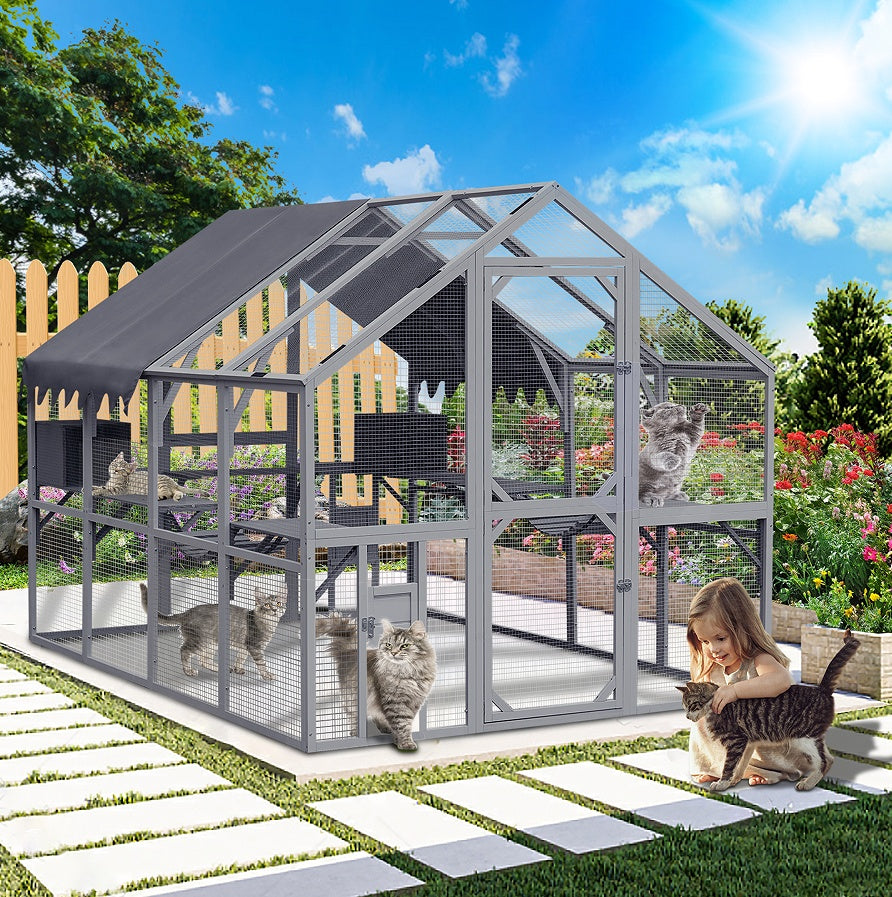 Outdoor Cat House Cat Fence, Upgraded Waterproof Cover - Gray