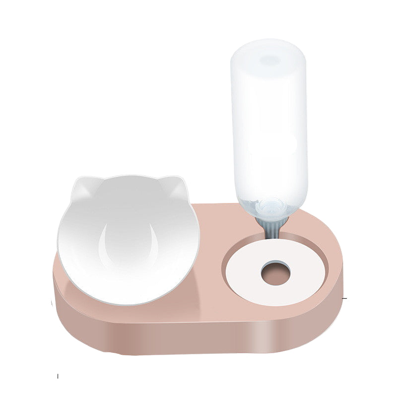 A pet bowl water dispenser in various colors featuring a bowl and a transparent water bottle integrated into the design.