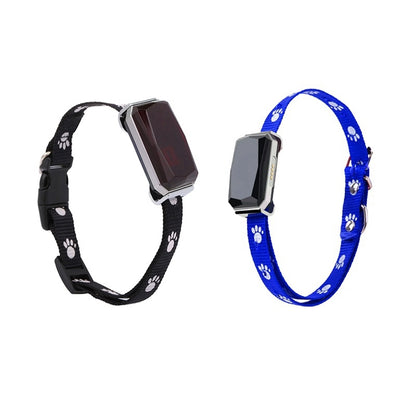 Two GPS pet positioning collars, one black and one blue, each with a tracking device attached.