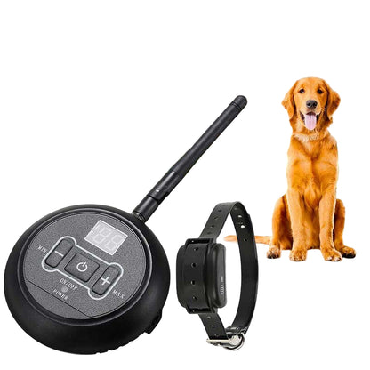 A Wireless Pet Dog Fence system with a waterproof collar and a transmitter range of 150 meters, displayed alongside a dog.