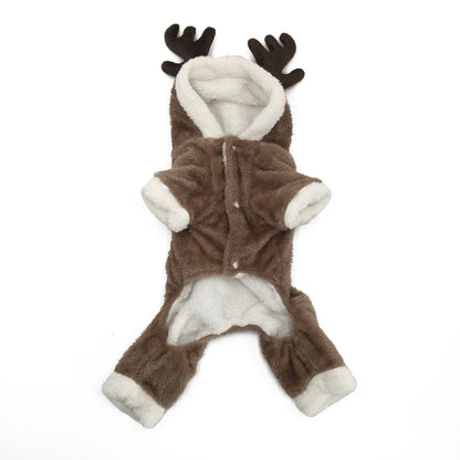 Christmas Elk Dog Hoodie Warm Coral Fleece Winter Pet Clothes