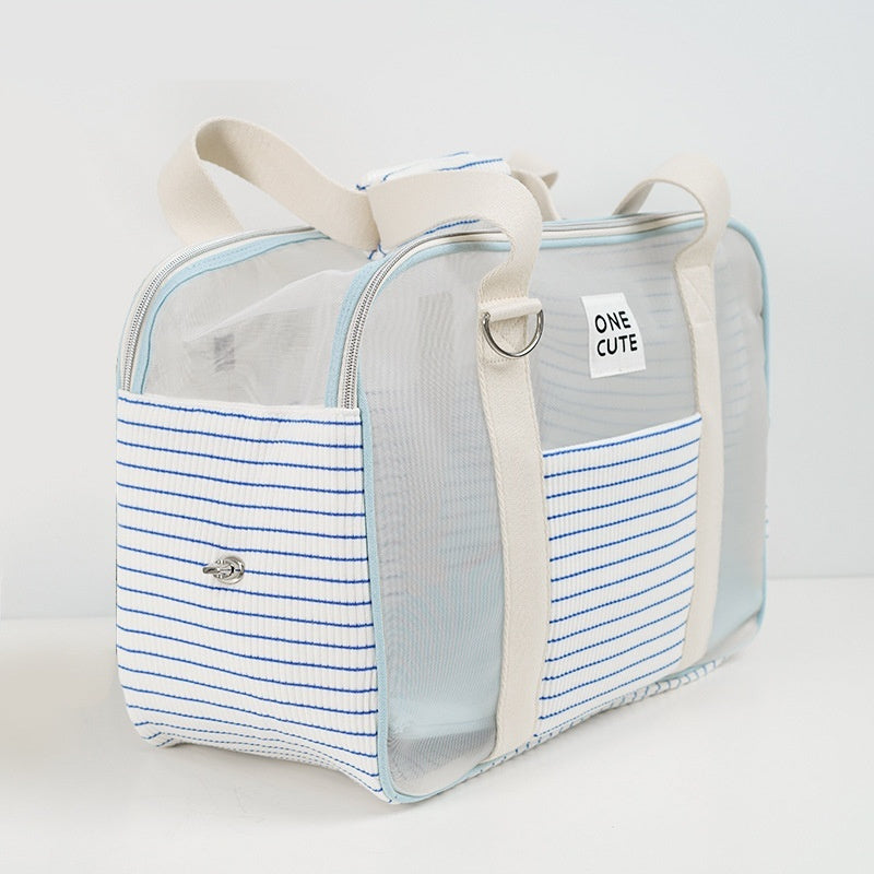 Pet Diaper Bag Blue And White Striped Breathable Shoulder Bag