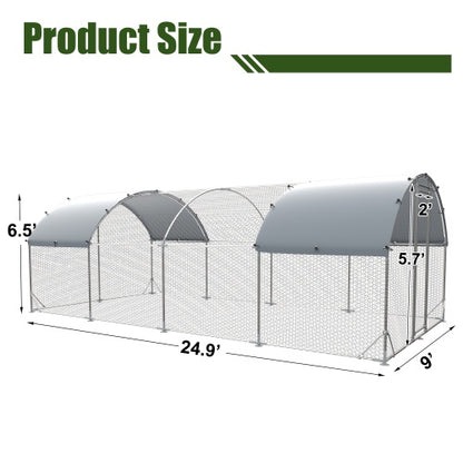 Large Metal Chicken Coop Upgrade Three Support Steel Wire Impregnated Plastic Net Cage, Oxford Cloth Silver Plated Waterproof UV Protection, Duck Rabbit Sheep Bird Outdoor House 9.2'W X 24.9'L X 6.5'H