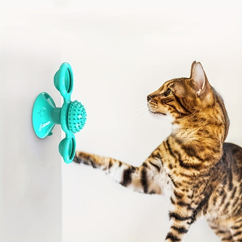 New Windmill Cat Toys Cute Rotating Interactive Cat Toy - Indoor Windmill Cat Toy With Suction Cup Catnip & Jagged Teeth Middle Ball, Smart Kitten Rotating Spinner Exercise Toy, Toothbrush & Massager