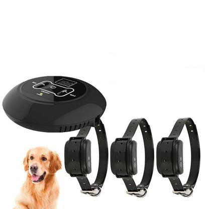 A Wireless Pet Dog Fence system with a waterproof collar and a transmitter range of 150 meters, displayed alongside a dog.