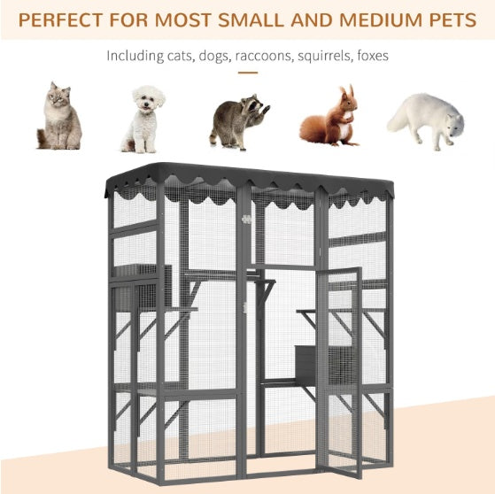 Outdoor Cat House Big Catio Wooden Feral Cat Shelter Enclosure With Large Spacious Interior, 6 High Ledges, Weather Protection Asphalt Roof