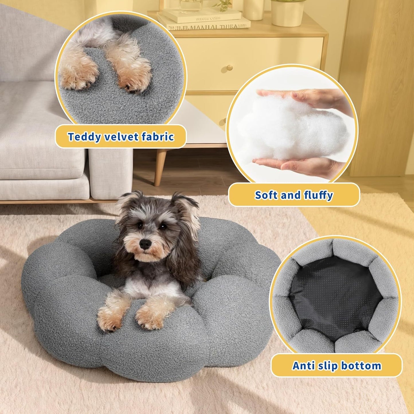 Calming Cat Beds For Indoor Cats Fluffy Flower Cat Dog Bed In Plush Teddy Sherpa Round Donut Cuddler Puppy Bed  Non Slip Machine Washable Pet Bed