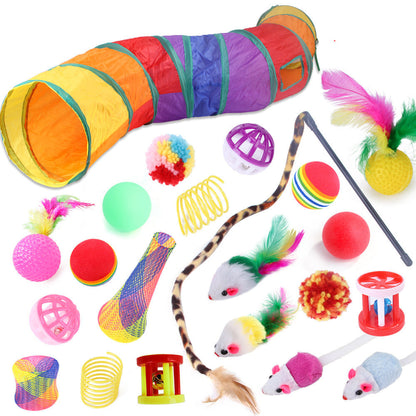 A set of cat toys including a plush tube tunnel and various plush balls with catnip, feathers, and bell attachments.