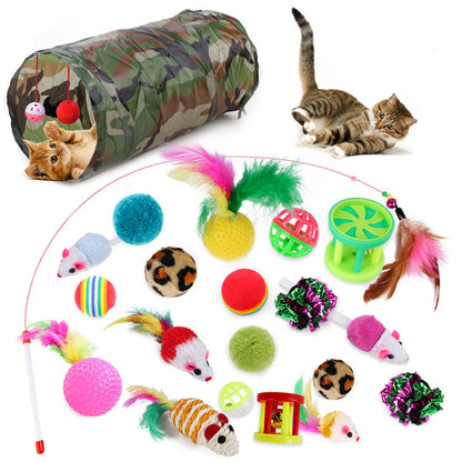A set of cat toys including a plush tube tunnel and various plush balls with catnip, feathers, and bell attachments.