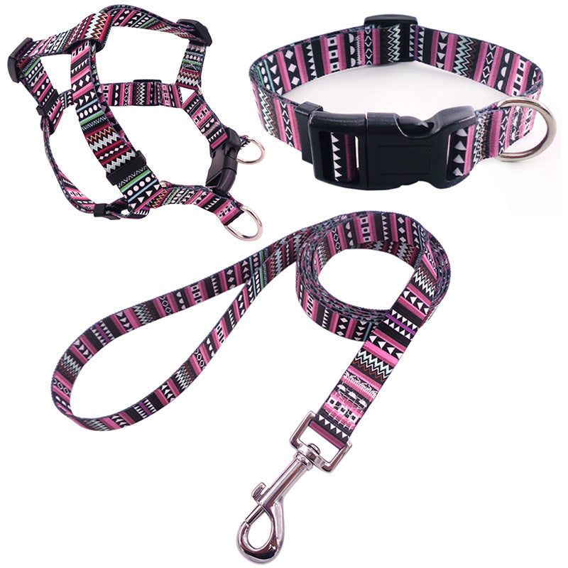 Pet Printing Collar Rope Chest Strap Traction Three-piece Set