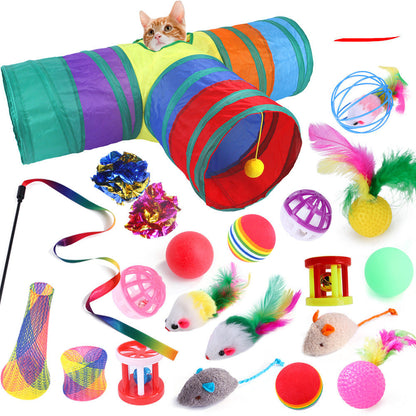 A set of cat toys including a plush tube tunnel and various plush balls with catnip, feathers, and bell attachments.