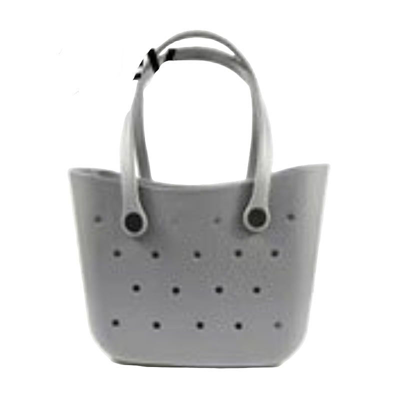 Gray handbag with perforated design on a white background