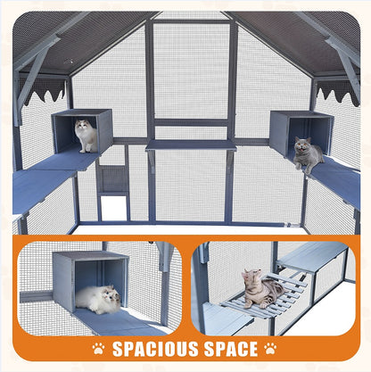 Outdoor Cat House Cat Fence, Upgraded Waterproof Cover - Gray