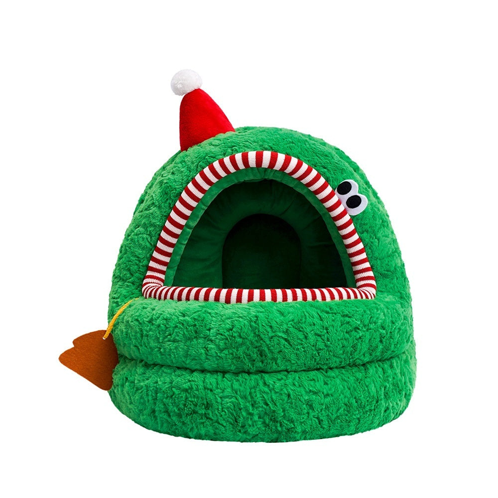 Christmas Green Furry Yurt Cat Nest Semi-closed And Removable Washing