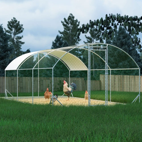 Large Chicken Coop Metal Chicken Run With Waterproof And Anti-UV Cover, Dome Shaped Walk-in Fence Cage Hen House For Outdoor And Yard Farm Use, 1 Tube Diameter, 9.84 X 19.68 X 6.56