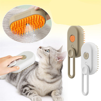 An electric pet grooming brush with steam spray, shown in use on a cat and in different angles to highlight its features.