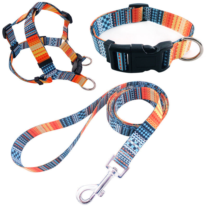 Pet Printing Collar Rope Chest Strap Traction Three-piece Set