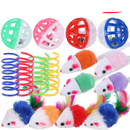 Assorted cat toys including colorful铃铛球、弹簧老鼠和羽毛老鼠，共16件。