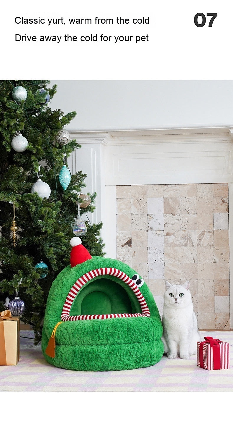 Christmas Green Furry Yurt Cat Nest Semi-closed And Removable Washing