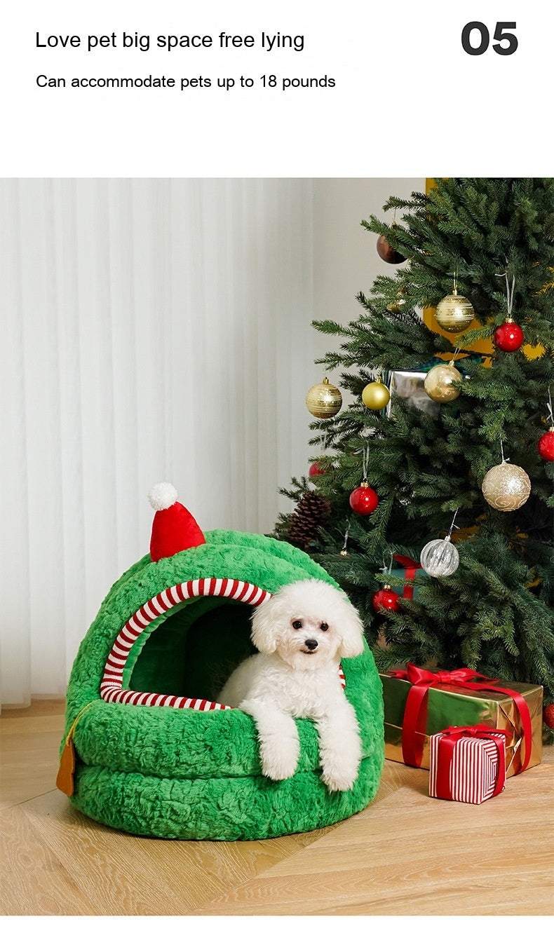 Christmas Green Furry Yurt Cat Nest Semi-closed And Removable Washing