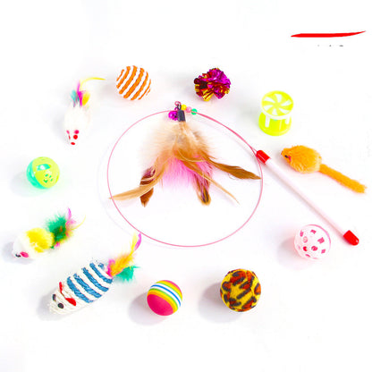 Assorted colorful cat toys on a white background
