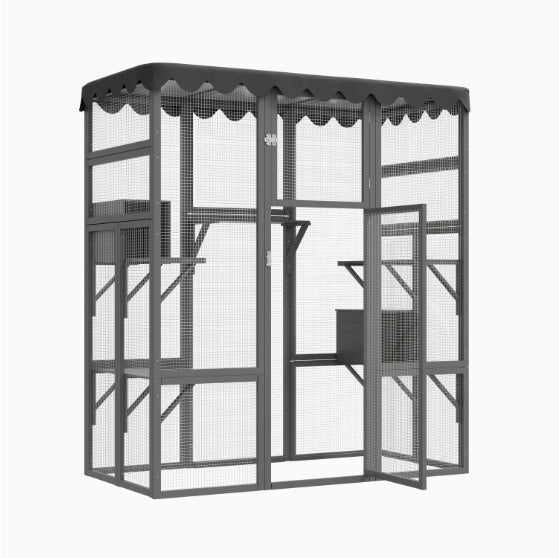 Outdoor Cat House Big Catio Wooden Feral Cat Shelter Enclosure With Large Spacious Interior, 6 High Ledges, Weather Protection Asphalt Roof