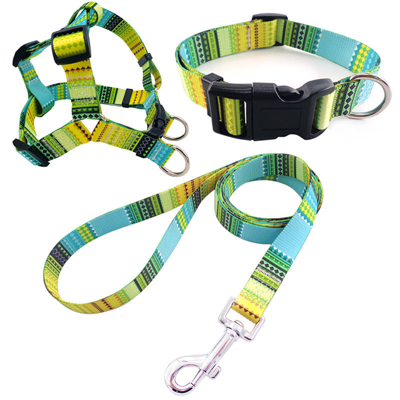 Pet Printing Collar Rope Chest Strap Traction Three-piece Set