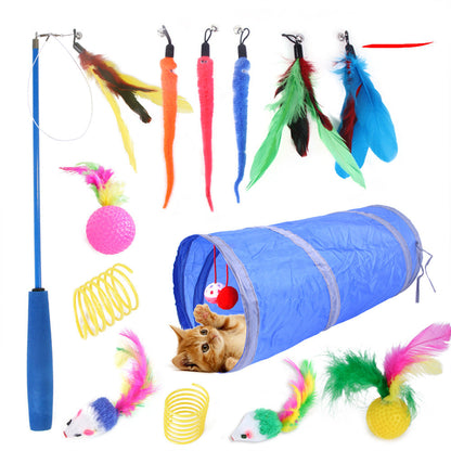 A set of cat toys including a plush tube tunnel and various plush balls with catnip, feathers, and bell attachments.