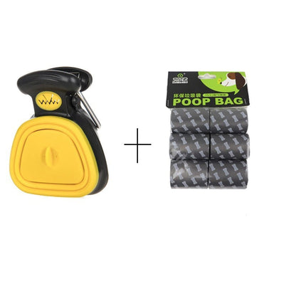 The image shows a foldable dog pooper scooper in blue color with a package of waste bags. There is also a person demonstrating the use of the scooper with a waste bag.