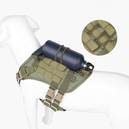 A dog harness designed for tactical use, displayed on a mannequin. The harness is green with black accents, featuring multiple straps and attachment points.