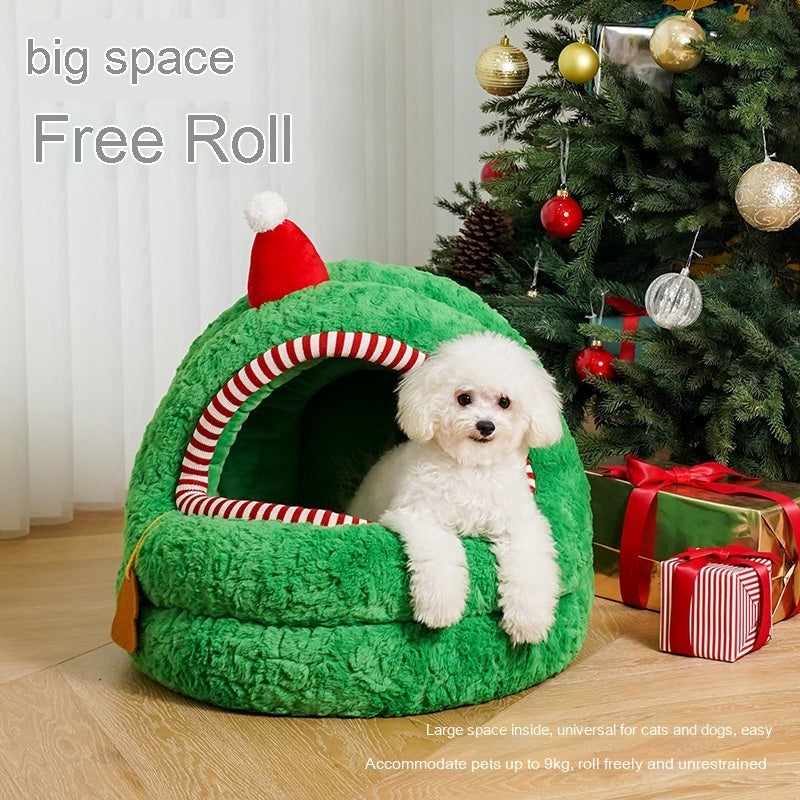 Christmas Green Furry Yurt Cat Nest Semi-closed And Removable Washing