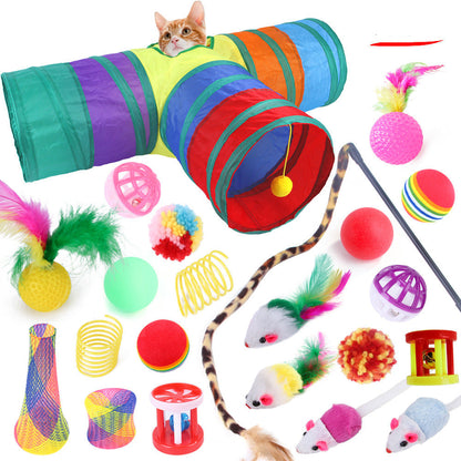 Colorful cat toy tunnel with various cat toys on a white background