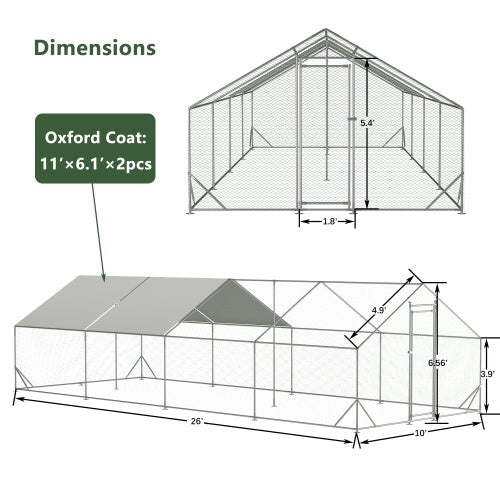 Large Metal Chicken Coop, Walk-in Chicken Run,Galvanized Wire Poultry Chicken Hen Pen Cage, Rabbits Duck Cages With Waterproof And Anti-Ultraviolet Cover For Outside 10 L X 26 W X 6.56 H