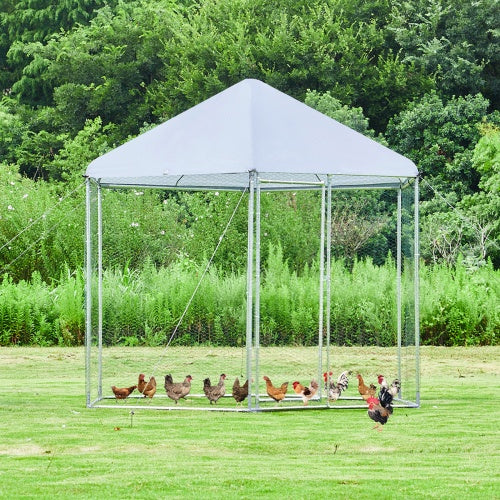 Large Metal Chicken Coop Hexagonal, Steel Wire Dipped Plastic Mesh, Oxford Cloth Silver Plated Waterproof And UV Resistant, Ducks, Rabbits, Sheep And Birds Outdoor House. 9.2 X8.1ft