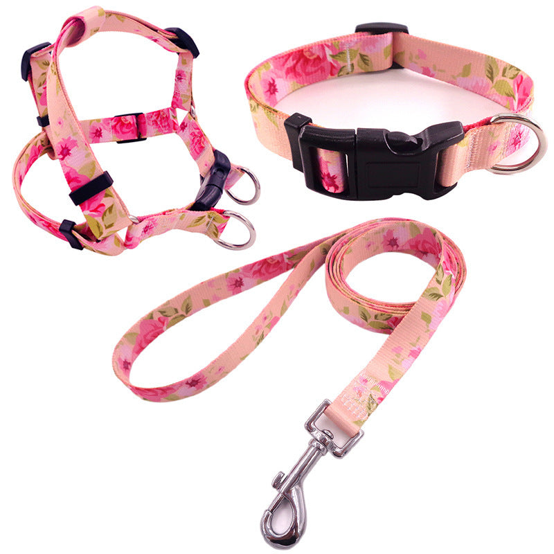 Pet Printing Collar Rope Chest Strap Traction Three-piece Set