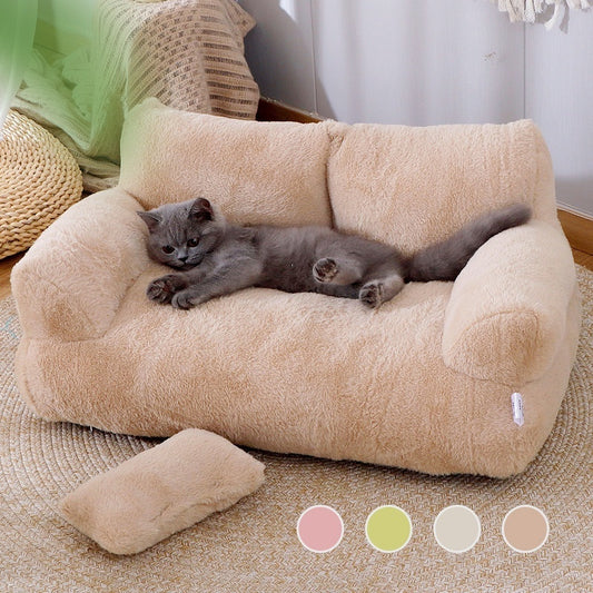 A pet bed sofa in beige color with a cat lying on it, alongside color options shown below the image.