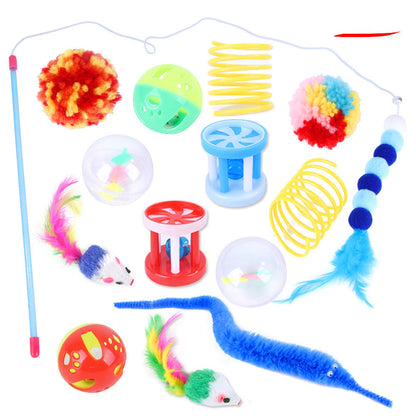 A set of cat toys including a plush tube tunnel and various plush balls with catnip, feathers, and bell attachments.