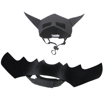 A pet wearing a costume that includes a bat mask with wings.
