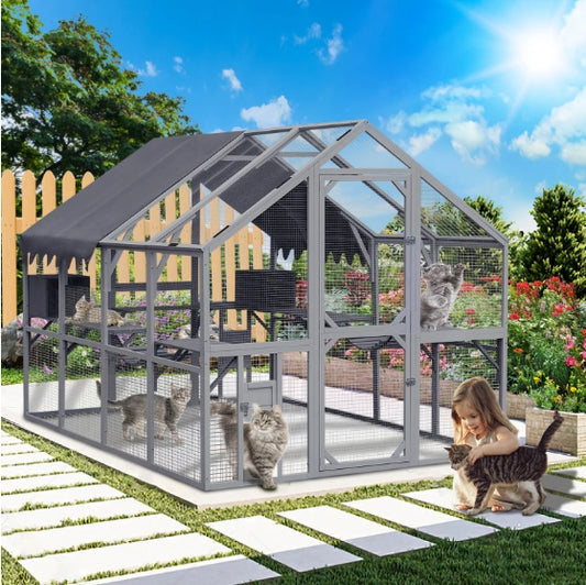 Outdoor Cat House Cat Enclosures 110 Large Kitten Playpen With Platforms,Upgrade Waterproof Cover-grey