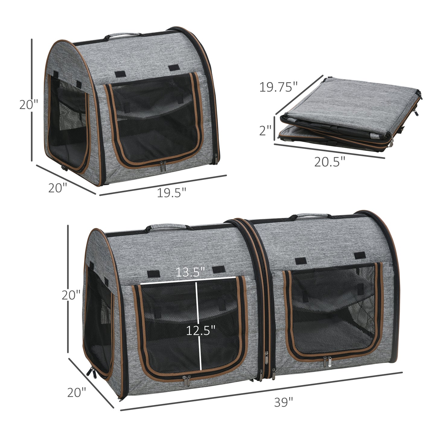 Portable Soft-sided Pet Cat Carrier With Divider, Two Compartments, Padded And Storage Bag, Grey