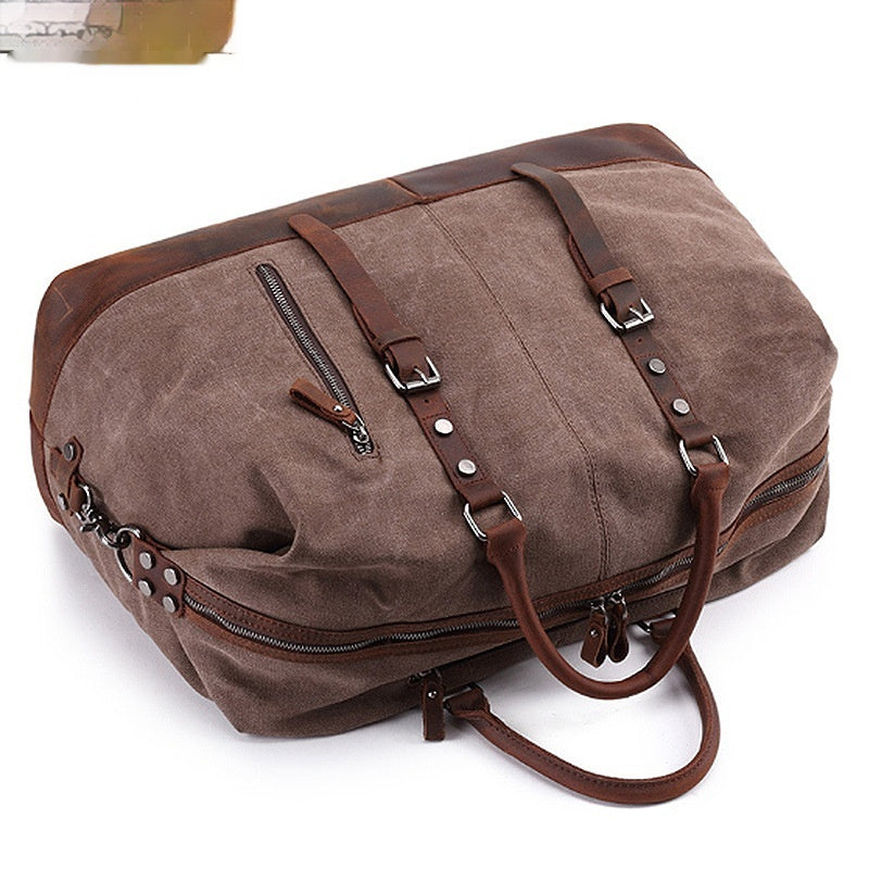 Canvas Traveling Crazy Horse Leather Casual Travel Messenger Shoulder Bag Large Capacity