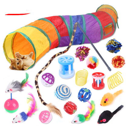 A set of cat toys including a plush tube tunnel and various plush balls with catnip, feathers, and bell attachments.